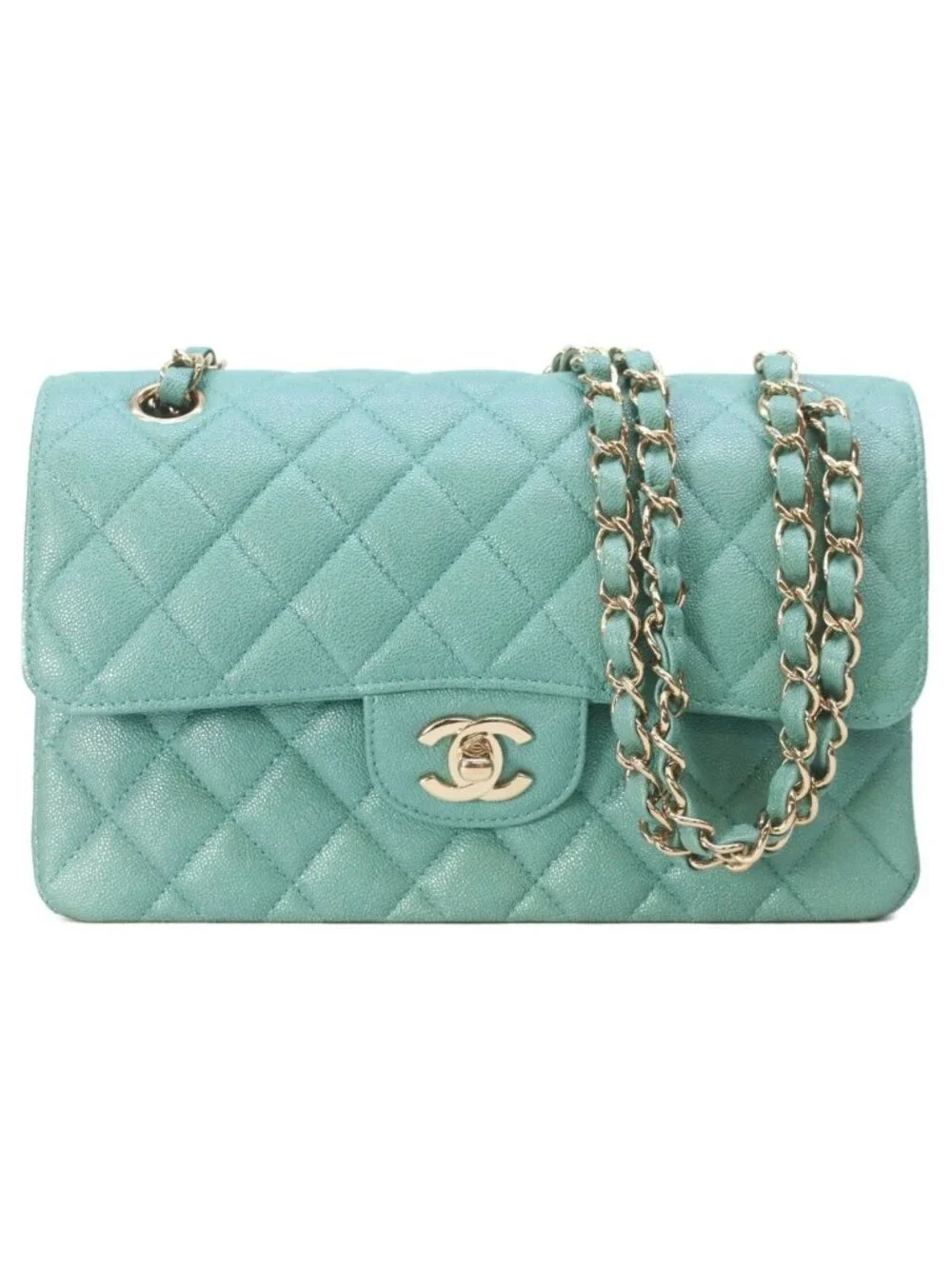Chanel Pearl Green Caviar Gold Quilted 23 Shoulder Bag